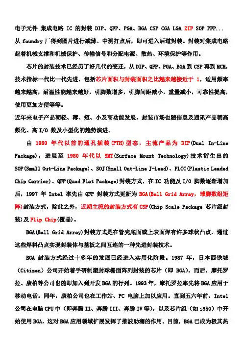电子元件 集成电路 IC 的封装 DIP、QFP、PGA、BGA CSP CGA LGA ZIF SOP PFP