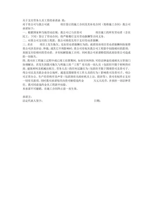 关于支付农民工劳务工资的承诺函