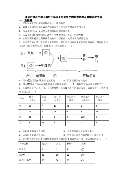 北京白家庄中学人教版七年级下册期中生物期中试卷及答案百度文库