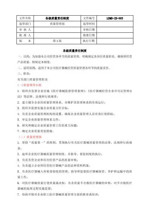 3、各级质量责任制度