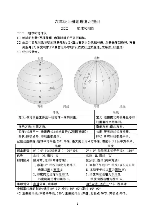 【免费下载】六年级上册地理复习提纲16开