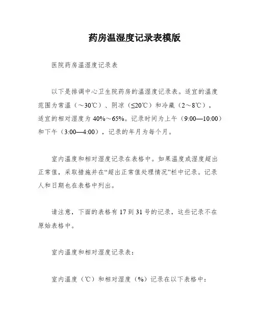 药房温湿度记录表模版