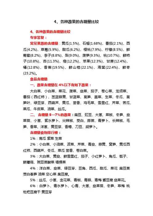 4、各种蔬果的含糖量比较