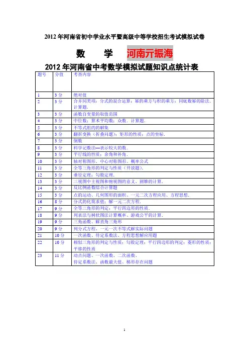 河南省2012年中招数学模拟数学试题和详细解答表析