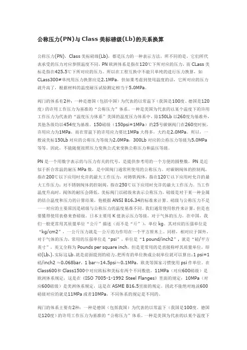 公称压力(PN)与CLASS美标磅级(LB)的关系换算