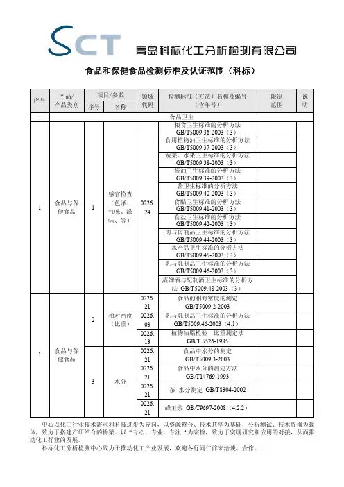 食品和保健食品检测标准及认证范围(科标)