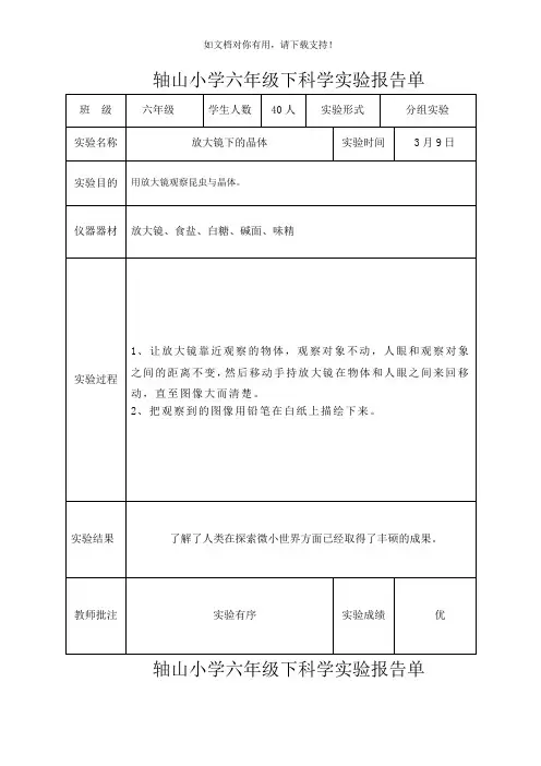 最新最全科学实验记录表六年级下科学实验报告单新版