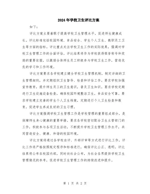 2024年学校卫生评比方案