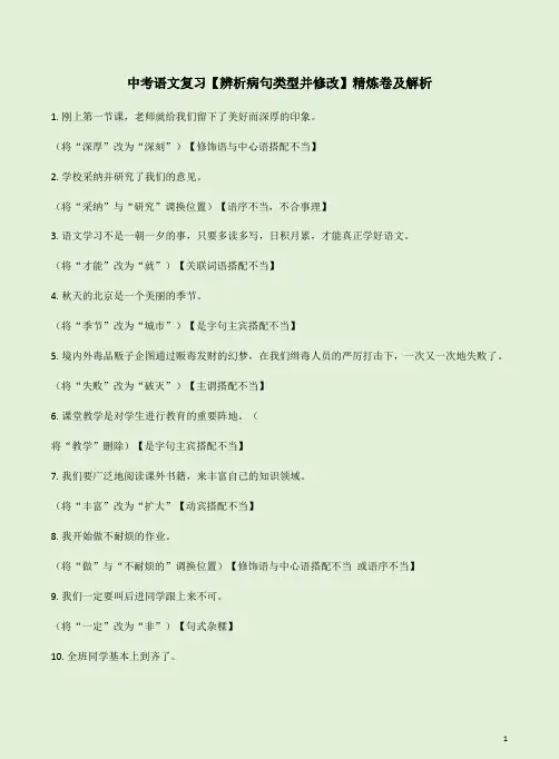 中考语文复习【辨析病句类型并修改】精炼卷及解析