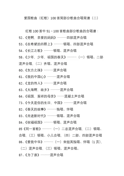 爱国歌曲(红歌)100首简部分歌曲合唱简谱(二)