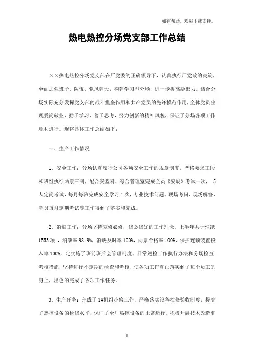 热电热控分场党支部工作总结