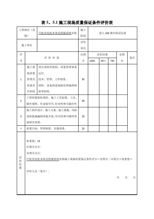 汽机本体评价表格