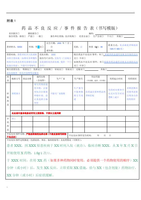 药品不良反应报告表(模版)