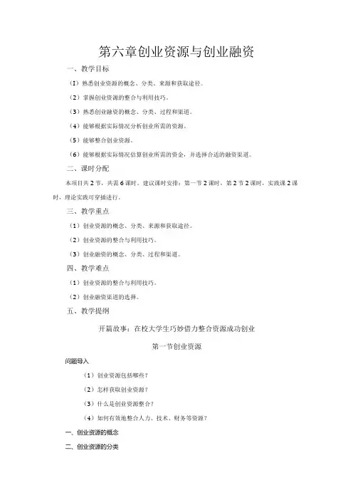《大学生创新创业基础》教案第6章创业资源与创业融资
