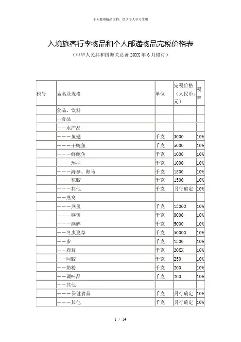 入境旅客行李物品和个人邮递物品完税价格表
