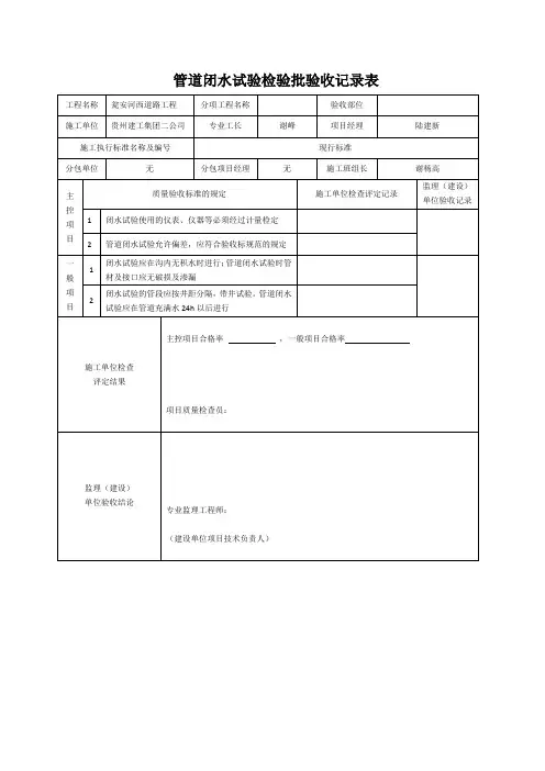 管道闭水试验检验批验收记录表