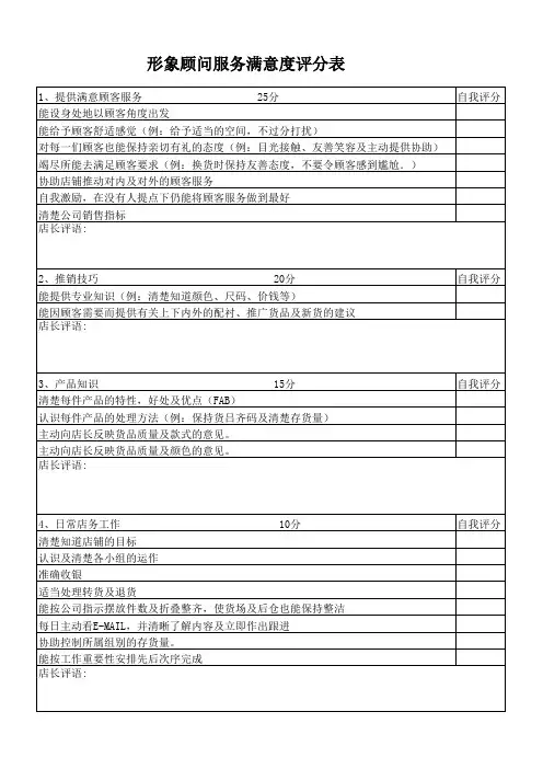 顾客服务员评分表