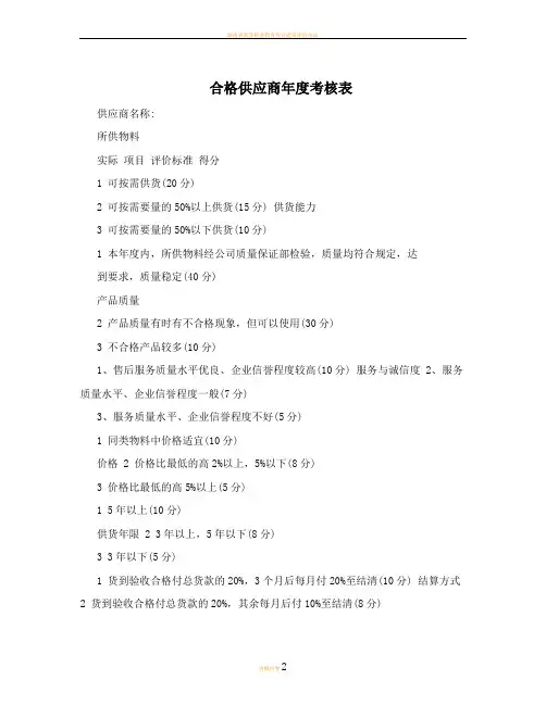 合格供应商年度考核表