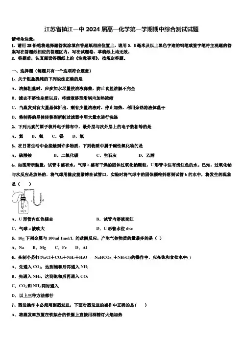 江苏省镇江一中2024届高一化学第一学期期中综合测试试题含解析