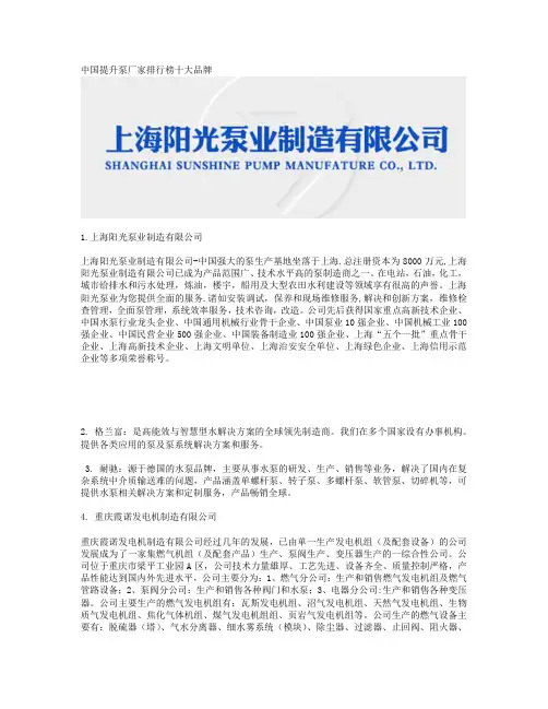 中国提升泵厂家排行榜十大品牌