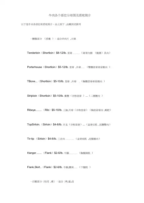 牛肉各个部位分布图及质地简介