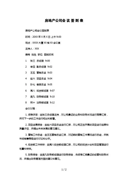 房地产公司会 议 签 到 表
