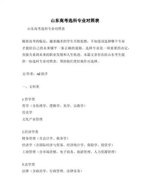 山东高考选科专业对照表