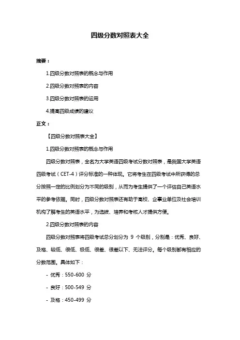 四级分数对照表大全