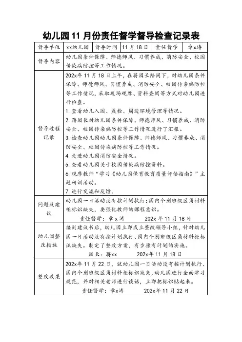 幼儿园11月份责任督学督导检查记录表