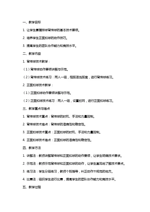 高中排球选项课背传球技术及正面扣球技术教案