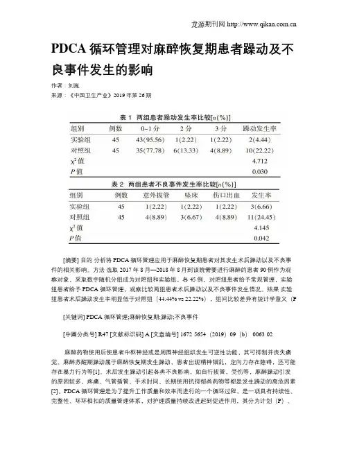 PDCA循环管理对麻醉恢复期患者躁动及不良事件发生的影响