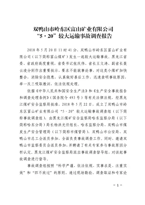 双鸭山市岭东区富山矿业公司事故调查报告