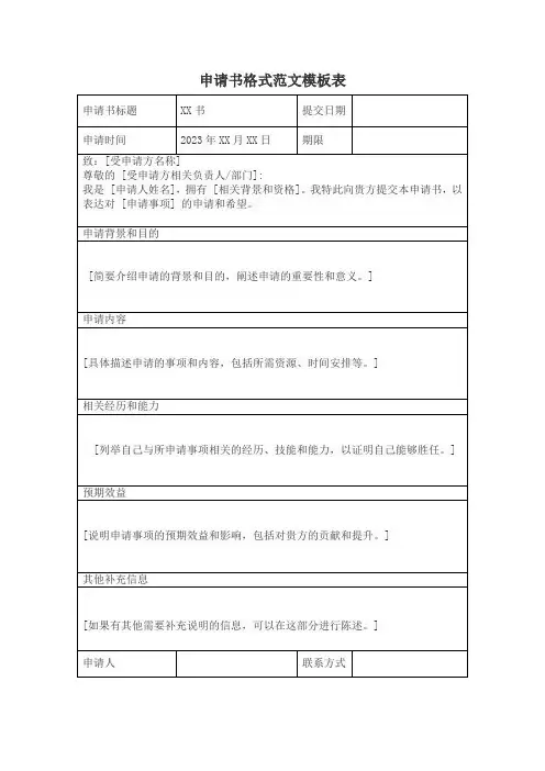 申请书格式范文模板表