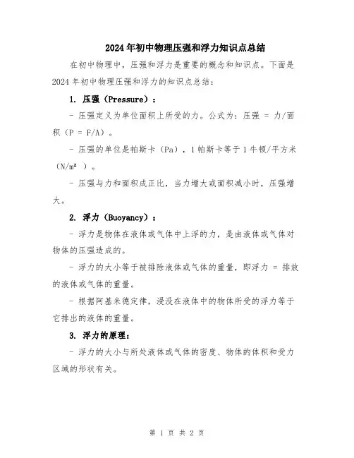 2024年初中物理压强和浮力知识点总结