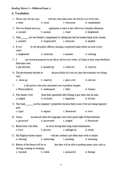 大学英语泛读教程4(第三版)期中期末试卷Reading Master 3 – Midterm Exam A