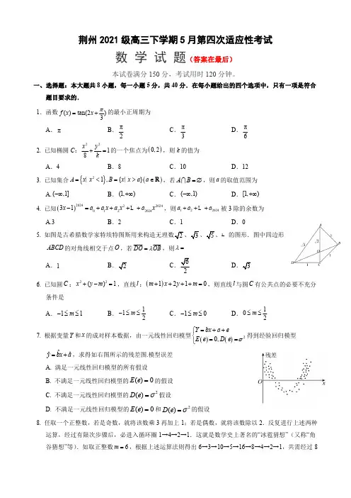 湖北省荆州2024届高三下学期5月第四次适应性考试数学试卷含答案