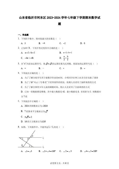 山东省临沂市河东区2023-2024学年七年级下学期期末数学试题