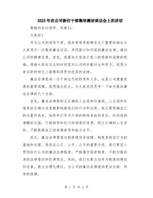 2023年在公司新任干部集体廉洁谈话会上的讲话