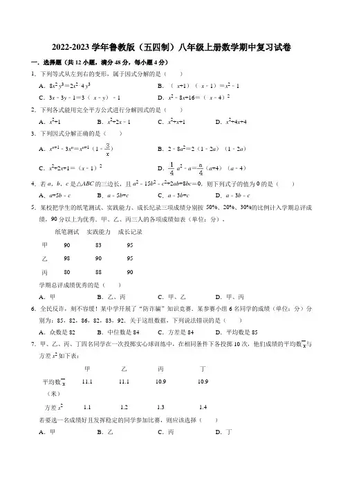 2022-2023学年鲁教版五四制八年级上期中复习数学试卷含答案解析