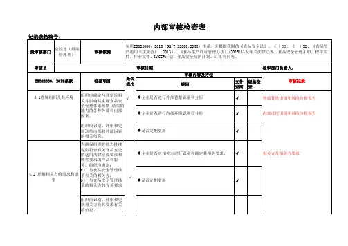 ISO22000：2018内审检查表含记录(含附属各部门全套EXCEL表)
