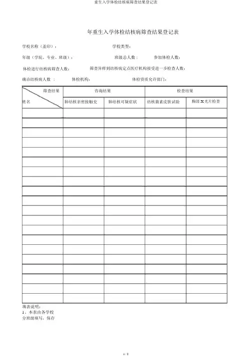 新生入学体检结核病筛查结果登记表