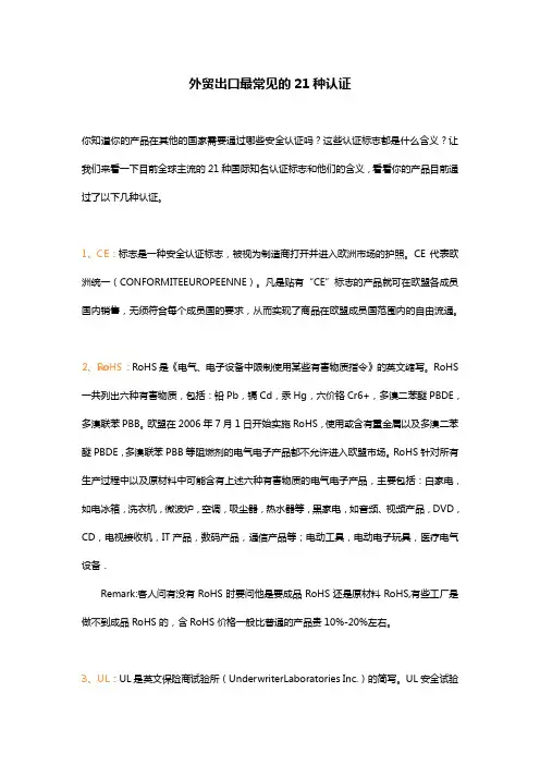 外贸出口最常见的21种认证