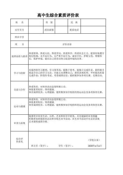 自主招生综合素质评价表