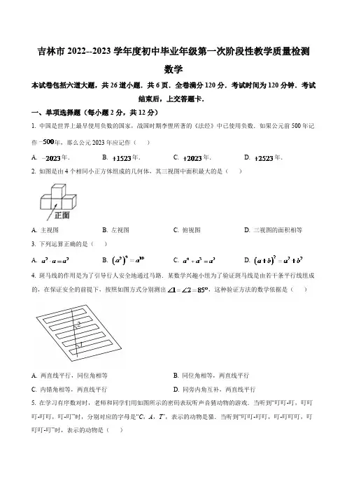 吉林省吉林市2023届九年级中考一模数学试卷(含解析)