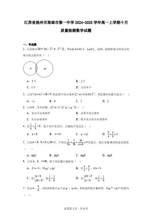 江苏省扬州市高邮市第一中学2024-2025学年高一上学期十月质量检测数学试题