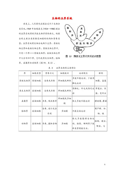 初中生物趣味小知识知识扩展：生物的五界系统素材新人教版