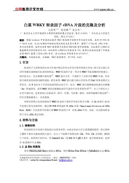 白菜WRKY转录因子cDNA片段的克隆及分析