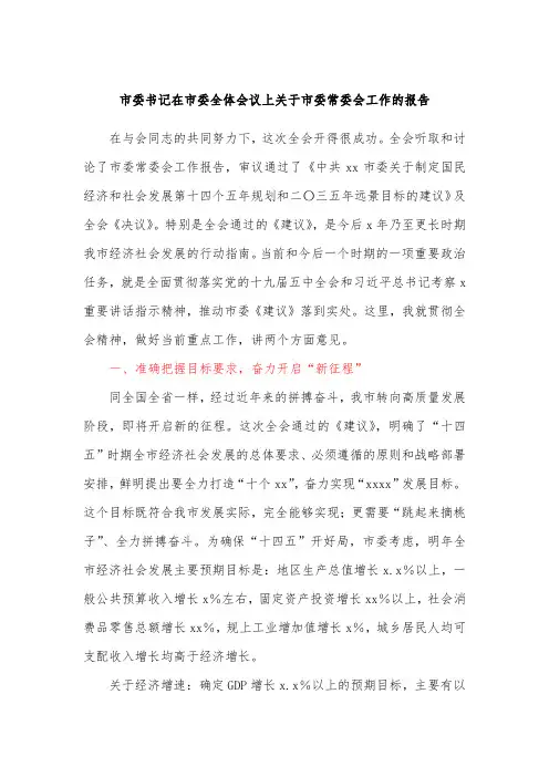 市委书记在市委全体会议上关于市委常委会工作的报告