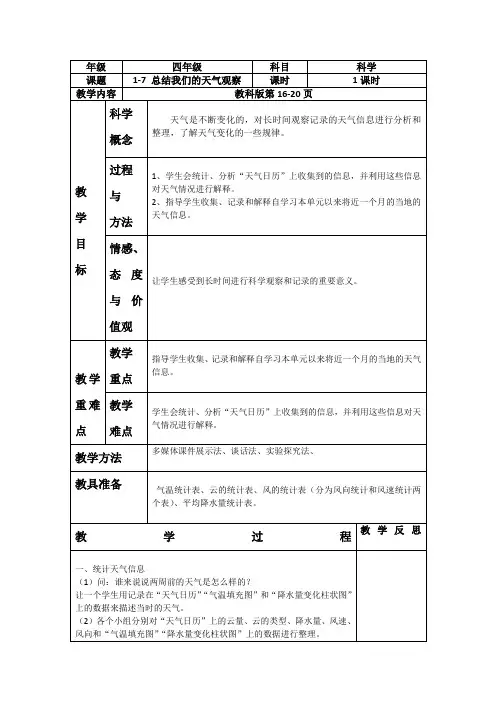 教科版四上科学《1-7总结我们的天气观察》教案