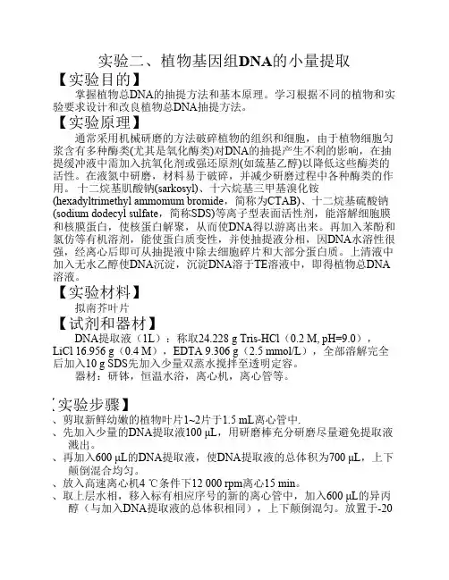 实验2、植物基因组DNA的提取